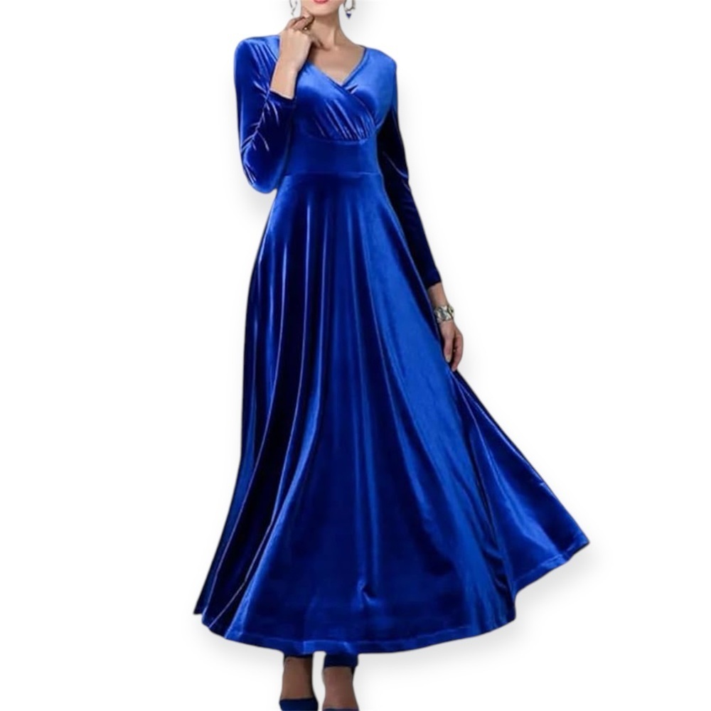 URBAN COCO Blue Velvet Cross Neck Maxi Dress Womens Size M NWOT